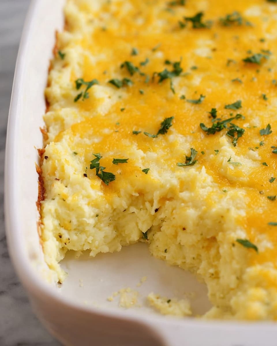This image shows a close-up of a white casserole dish filled with a creamy, light yellow mashed potato bake. The top layer is golden yellow melted cheese with small green parsley leaves sprinkled on it. A portion of the dish is scooped out from the bottom left corner, showing the thick and soft texture of the mashed potatoes inside. The dish sits on a white marbled surface, and the overall look is warm and cheesy with a smooth but slightly textured top. Photo taken with an iphone --ar 4:5 --v 7
