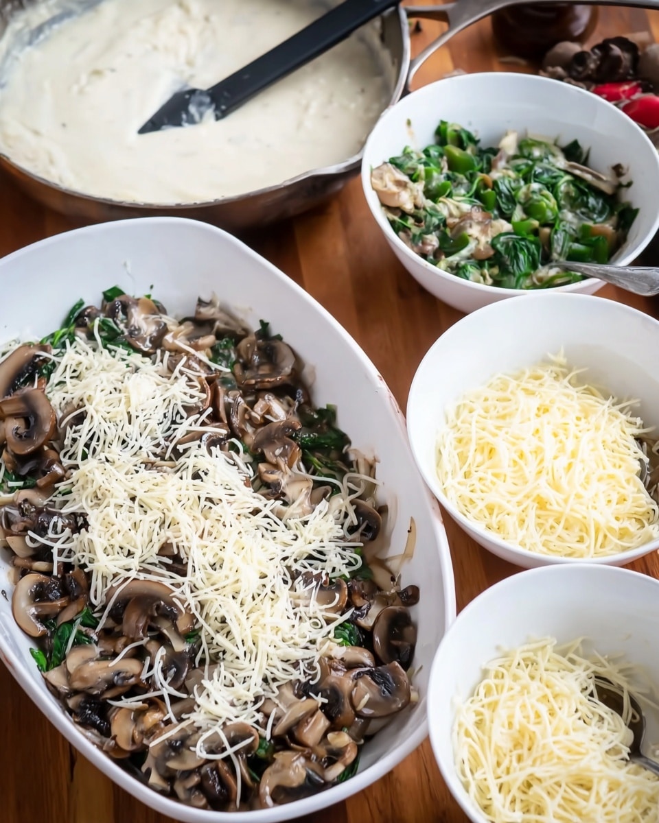 A white oval dish filled with three layers: the bottom layer is cooked spinach mixed with onions, the middle layer is sautéed brown mushrooms, and the top layer is white shredded cheese scattered evenly. Around the dish are three white bowls, one with cooked spinach and onions, one with cooked mushrooms, and one partially filled with shredded cheese. In the background, a frying pan holds a thick white sauce with a black ladle resting inside. The setting is on a wooden table. photo taken with an iphone --ar 4:5 --v 7