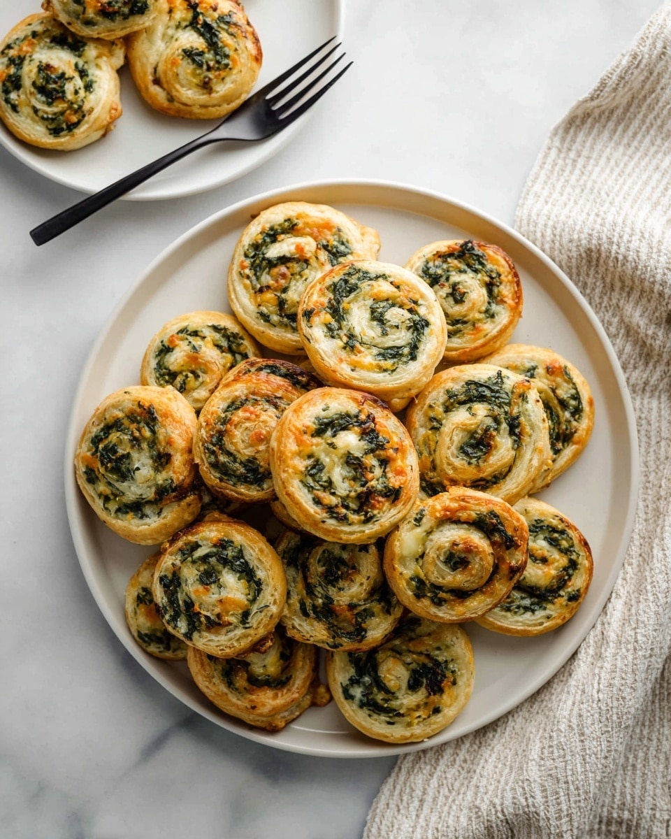 A white round plate filled with about a dozen golden-brown spiral pastries stacked in a loose pile. Each pastry has visible layers of light flaky dough interspersed with green spinach and melted cheese, creating a marbled swirl pattern. In the upper left, a smaller white plate holds three more pastries with a simple black fork beside them. The background consists of a white marbled surface with a loosely folded cream and gray striped cloth on the right side. The lighting is soft and natural, highlighting the textures and colors of the pastries. photo taken with an iphone --ar 4:5 --v 7