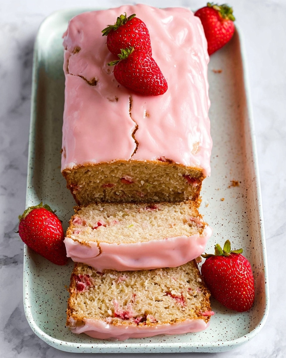 A rectangular loaf cake with three visible layers is placed on a white plate with a speckled texture. The top layer is smooth and thick pink icing with some cracks. Below the icing, the cake layers show a light brown, moist, and soft texture with small bits of red fruit inside, likely strawberries. Three whole fresh strawberries with green leaves are placed on the plate, two on the top left corner and one on the bottom right corner beside the cake. The background surface is a white marbled texture. Photo taken with an iphone --ar 4:5 --v 7