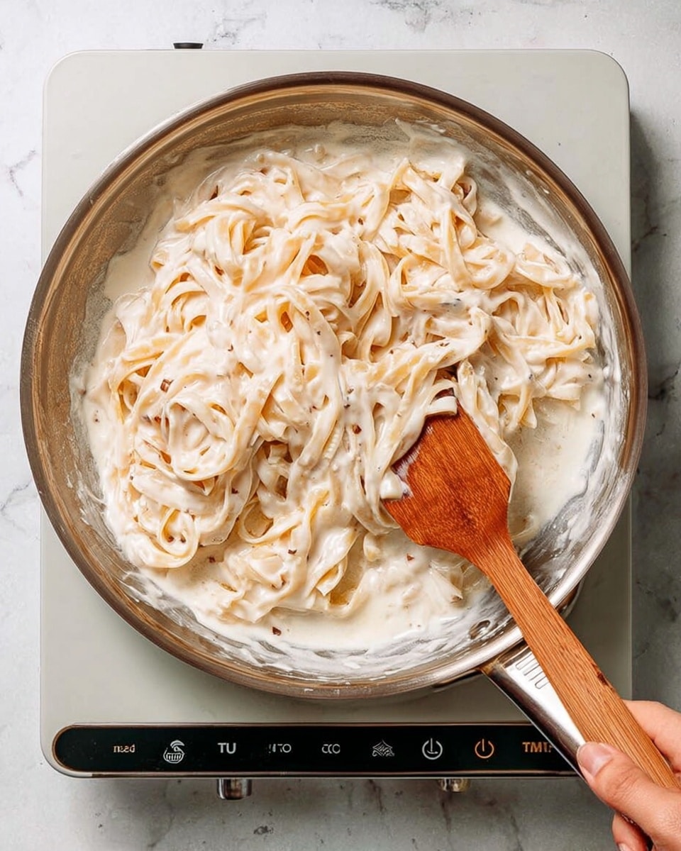 A close-up of a silver frying pan filled with creamy white pasta noodles mixed with a sauce that appears smooth and thick. The noodles are long and flat, slightly twisted and coated evenly with the creamy sauce, showing a few light brown toasted spots. A woman's hand is holding a wooden spatula, stirring the pasta on the right side of the pan. The pan is placed on a white modern stovetop with simple buttons and a large dial. The background has white marbled tiles. Photo taken with an iphone --ar 4:5 --v 7