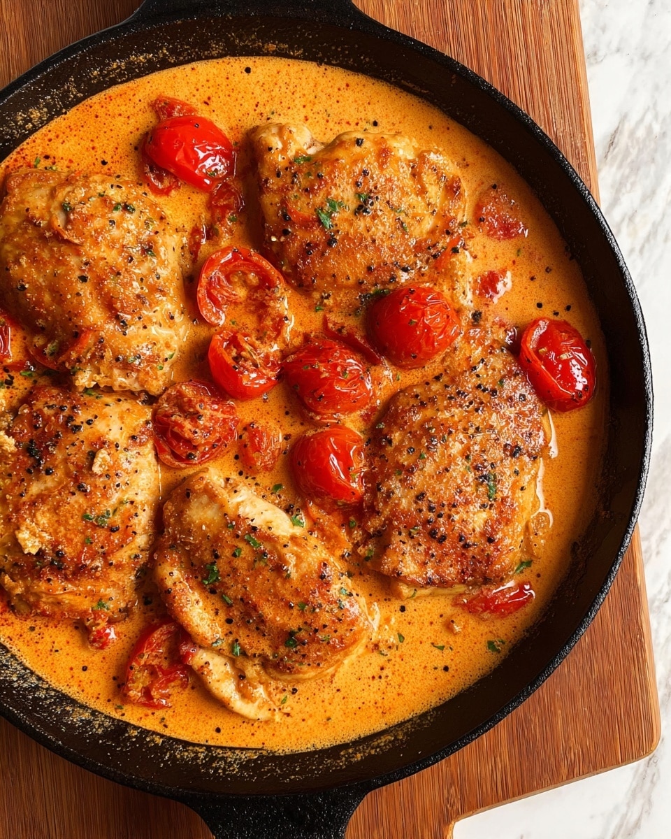 The image shows a black cast iron pan filled with five pieces of golden-brown cooked chicken, each piece partially covered in a thick, creamy orange sauce. The sauce has a smooth texture with visible small black pepper specks and bits of chopped garlic. Bright red cherry tomato halves are scattered throughout the sauce, adding vibrant color contrast. The pan sits on a wooden board, and the background features a white marbled texture. The chicken pieces are arranged closely together, with sauce evenly spreading around and between them, creating a rich and hearty appearance photo taken with an iphone --ar 4:5 --v 7