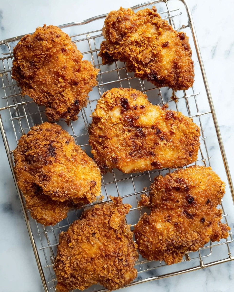 The image shows six pieces of crispy fried chicken placed on a silver wire rack. Each piece has a crunchy, golden-brown crumb coating with some uneven textures and a few darker spots indicating frying. The wire rack sits on a white marbled surface, and the lighting highlights the glistening crunchiness of the chicken skin. The pieces vary in shape and size but all look crunchy and well-cooked photo taken with an iphone --ar 4:5 --v 7