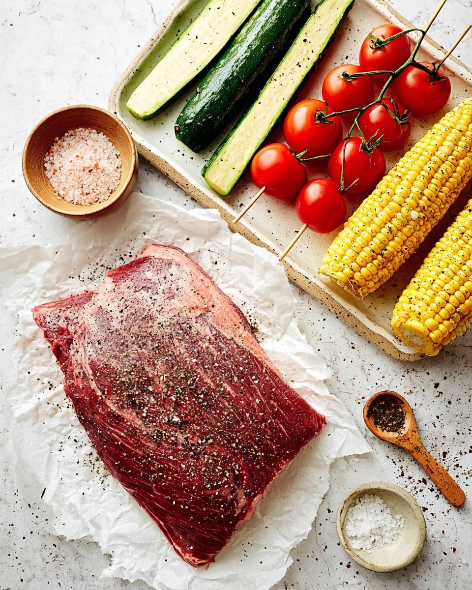 A large raw piece of beef with a rough texture, coated with coarse black pepper and salt, lies on crumpled white parchment paper at the bottom left. Above it, a white rectangular tray holds fresh vegetables: light green zucchini sticks with black pepper on the left, bright red cherry tomatoes on two wooden skewers in the middle, and two yellow corn on the cobs with kernels speckled with salt and pepper on the right. To the right of the beef, a small beige bowl with coarse salt and a small wooden spoon sits next to a tiny white dish containing ground black pepper, all placed on a white marbled surface. photo taken with an iphone --ar 4:5 --v 7