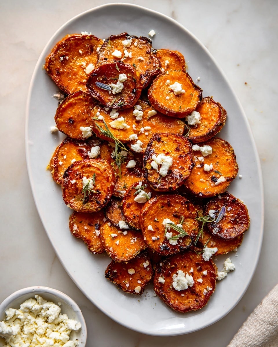 A white oval plate holds a pile of round roasted sweet potato slices. Each slice has a deep orange color with crispy, darker brown edges, showing a slightly rough texture. Scattered over the sweet potatoes are small white crumbles of cheese and a few green herb sprigs, adding contrast. The plate is set on a white marbled surface, with a small white bowl of extra cheese visible in the corner. The lighting is soft and natural, highlighting the rich colors and textures of the food photo taken with an iphone --ar 4:5 --v 7
