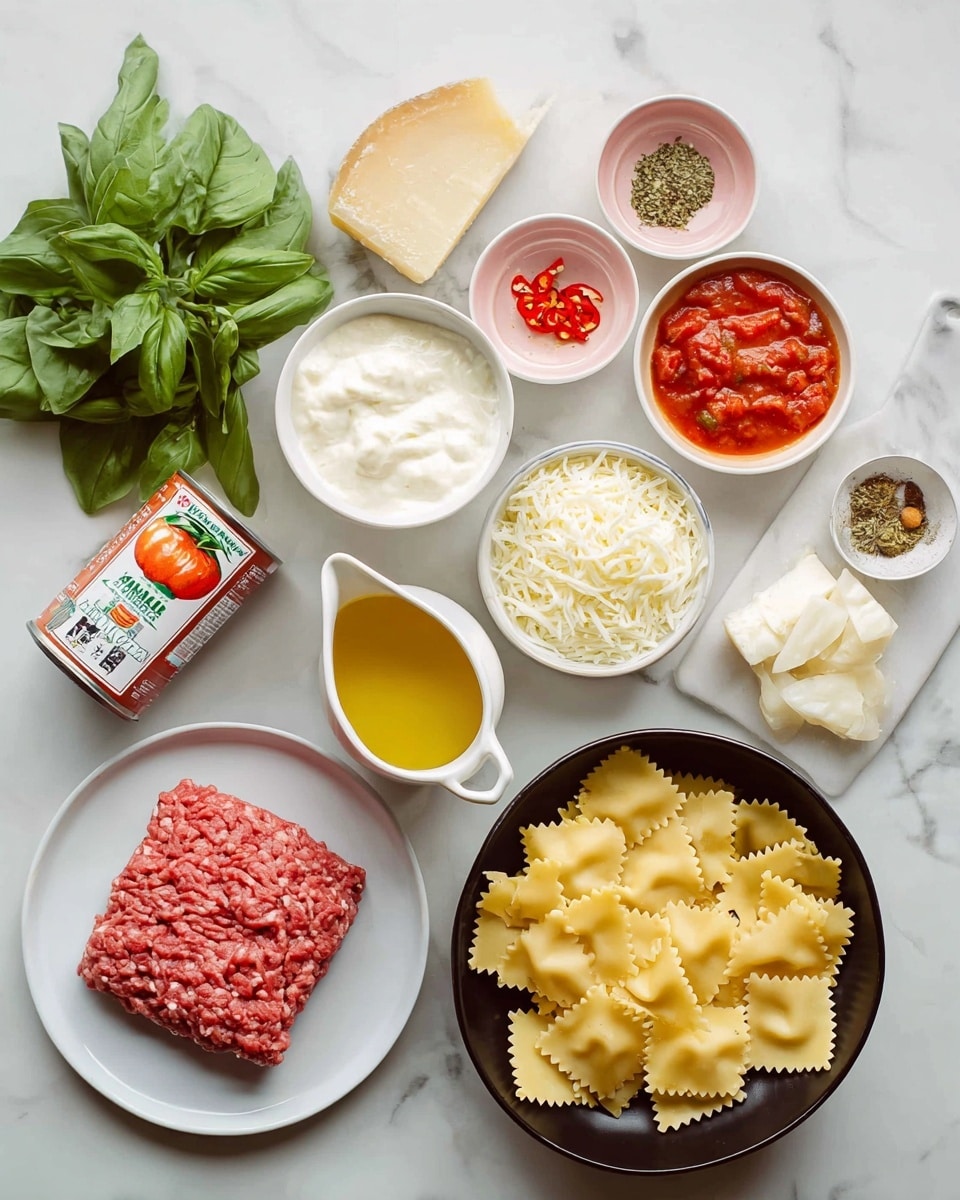 A flat lay of various ingredients for cooking on a white marbled surface, featuring a white plate with raw ground meat shaped into a square at the lower right, and a black bowl filled with uncooked square pasta with wavy edges at the lower left. Above the pasta is a small white bowl with a creamy white substance, next to a bowl with shredded white cheese, and a bowl of finely chopped onions. To the upper right are three small white and pink bowls holding red chili peppers, dried herbs, and crushed red pepper flakes. Nearby is a small white pitcher with olive oil, a wedge of hard cheese, and a glass measuring cup filled with yellow broth. On the left side, a bunch of fresh basil leaves lay next to a jar of tomato basil pasta sauce and an open can of diced tomatoes. photo taken with an iphone --ar 4:5 --v 7