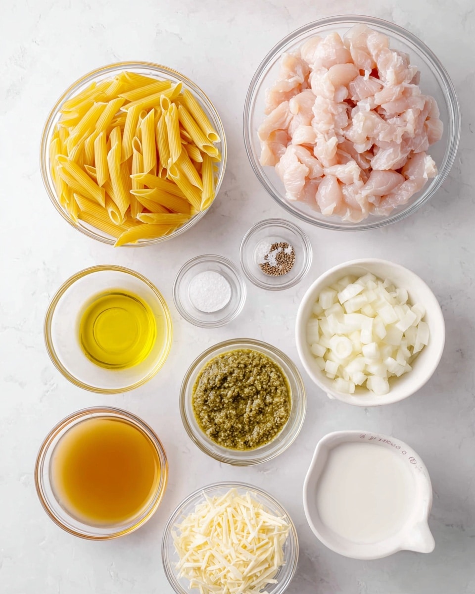 This image shows several clear and white bowls arranged on a white marbled surface, each holding different ingredients for cooking. At the top left is a clear bowl filled with uncooked yellow penne pasta. Below it, a larger clear bowl contains pale pink raw diced chicken. To the right of the pasta, a small white bowl holds small pieces of white garlic, and next to it is a white bowl filled with green pesto sauce, which has a slightly chunky texture with visible herbs. Below the pesto is a small clear bowl filled with golden yellow olive oil. In the center near the chicken, there are two tiny clear bowls, one with white salt and the other with black pepper. To the right of these, a clear bowl has chopped white onions. At the bottom right, a small white measuring cup is filled with grated pale yellow cheese, while next to it, a white bowl holds creamy white liquid. On the bottom left, a white bowl contains amber-colored chicken broth. All ingredients contrast nicely against the clean, white marbled surface. Photo taken with an iphone --ar 4:5 --v 7