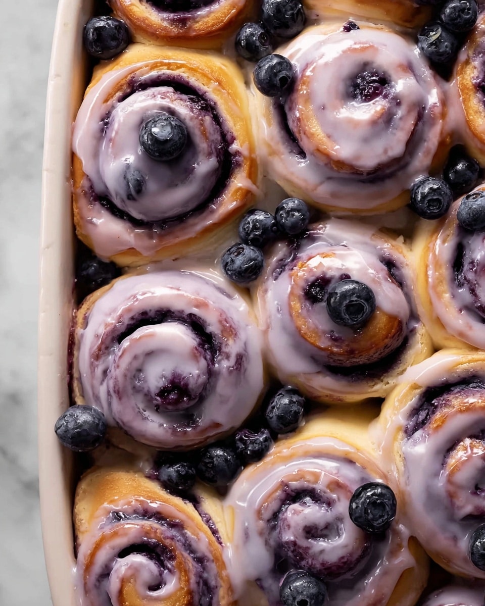 The image shows nine blueberry rolls closely packed together in a white baking dish on a white marbled surface. Each roll has a soft, light golden dough base tightly spiraled with a dark purple blueberry filling, creating a clear swirl pattern. The rolls are generously covered with a thick, creamy light purple glaze that drips slightly over the edges. Whole fresh blueberries are scattered on top and between the rolls, adding a fresh, plump contrast to the smooth glaze and soft dough. The overall texture looks moist and soft with glossy blueberry glaze highlights. photo taken with an iphone --ar 4:5 --v 7