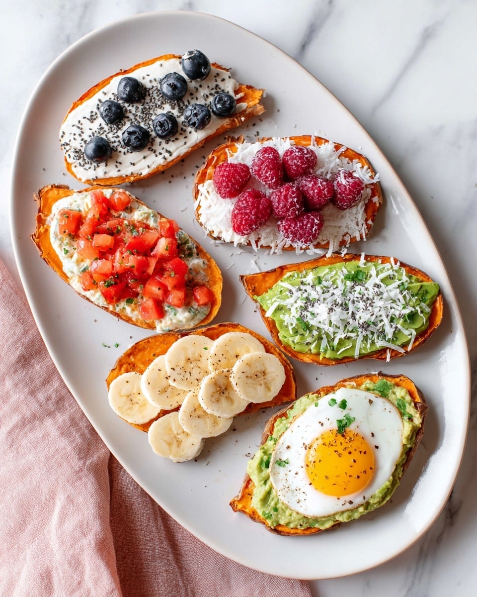 The image shows a white oval plate with six pieces of roasted sweet potato slices, each topped with different colorful layers. Starting from the top left, the first slice has a white creamy spread topped with dark blueberries and small black chia seeds. Next to it, the second slice has a thick white spread with bright red raspberries and shredded white coconut sprinkled on top. The third slice features white spread topped with small diced red tomatoes and black sesame seeds. Below them, the fourth slice is covered with smooth green avocado spread seasoned with black pepper. The fifth slice at the bottom left has a light brown peanut butter base, topped with round banana slices dusted lightly with cinnamon. The last slice has a cooked sunny-side-up egg seasoned with black pepper and green herbs. The whole plate sits on a white marbled surface with a soft pink cloth partially visible. Photo taken with an iphone --ar 4:5 --v 7