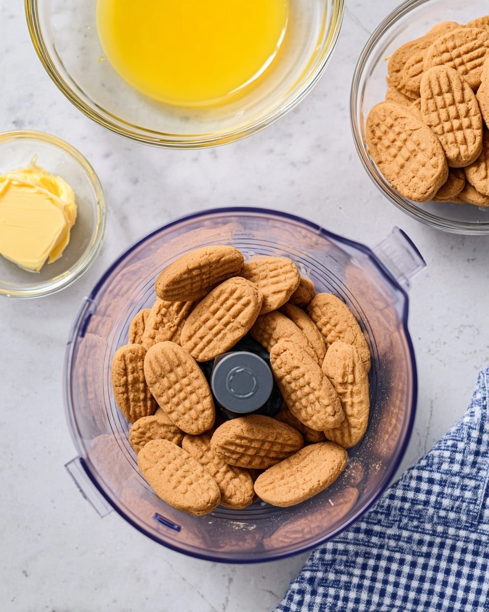 The image shows a clear plastic food processor bowl filled with light brown peanut-shaped cookies with a textured surface, inside it placed on a white marbled countertop. To the top left, there is a clear glass bowl with melted yellow butter, and to the right, another clear glass bowl with more of the same peanut-shaped cookies stacked inside. A white marbled surface is beneath all items, and a blue and white checkered cloth is partially visible in the bottom right corner. Photo taken with an iphone --ar 4:5 --v 7