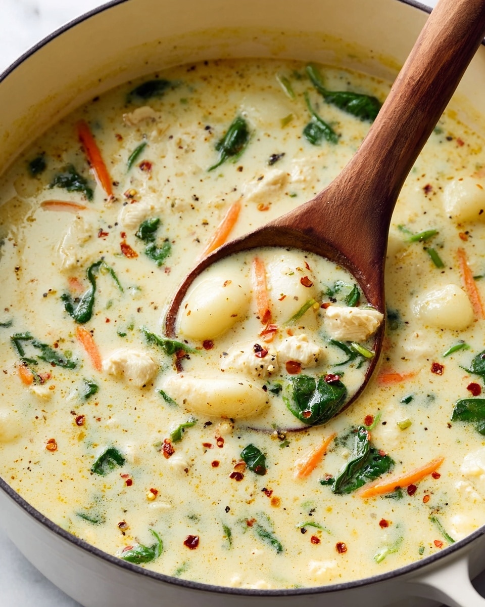The image shows a large dark green pot filled with creamy white soup that has a smooth, thick texture. In the soup, there are pieces of soft white dumplings or biscuits, small chunks of chicken meat, and thin green spinach leaves scattered evenly throughout. There are also faint hints of orange from shredded carrots and specks of black pepper on the surface. A silver ladle is lifting some soup with two dumplings and chicken pieces above the pot. The pot is placed on a white marbled surface with three small round crackers visible nearby. photo taken with an iphone --ar 4:5 --v 7