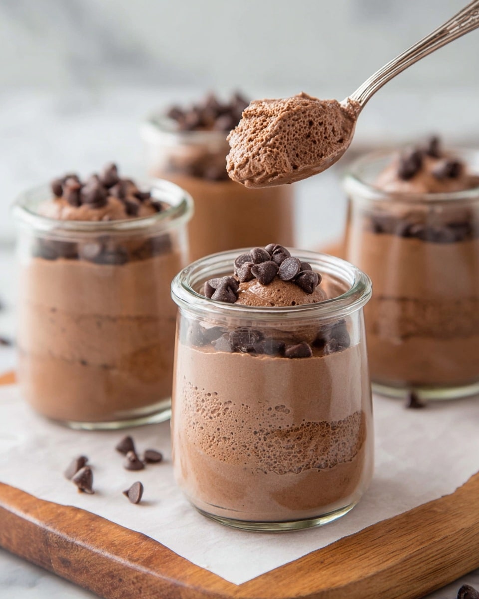 The image shows four small clear glass jars filled with two layers of smooth, light brown chocolate mousse. The top layer in each jar is fluffy and textured with small air bubbles and some darker chocolate chips sprinkled on top. One jar is in the foreground with a spoon holding a scoop of the mousse above it. The jars are placed on white parchment paper on a wooden board, with a white marbled surface in the background. Scattered chocolate chips are visible around the jars. photo taken with an iphone --ar 4:5 --v 7