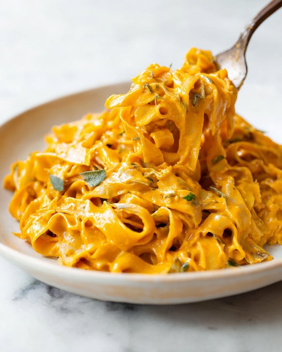 A close-up view of a pile of flat pasta ribbons coated in a thick, creamy orange sauce with a smooth texture. The pasta is layered in a deep white plate on a white marbled surface with some small pieces of green herbs mixed in the sauce. A spoon lifts some pasta from the right side, showing the sauce clinging to the pasta strands. Photo taken with an iphone --ar 4:5 --v 7