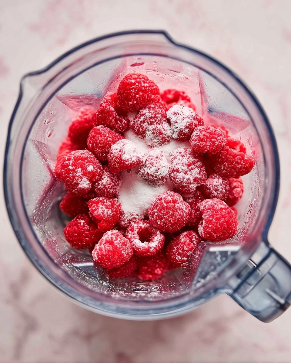 The image shows a clear blender jar filled about halfway with bright red raspberries, some of which are lightly dusted with white granulated sugar, creating a contrast between the vibrant red and the powdery white. The blender is placed on a white marbled surface, and the jar has visible blade sections at the bottom with a transparent texture, showing the sharp metal inside. Photo taken with an iphone --ar 4:5 --v 7