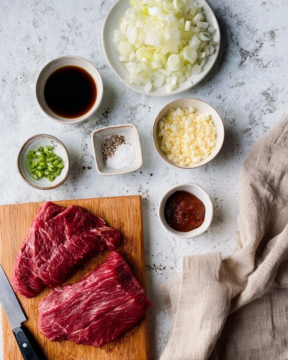 Two pieces of raw red meat with visible muscle texture lie on a wooden cutting board near the lower center, with a knife positioned at the bottom left. Above the board are several small white dishes arranged in a loose cluster on a white marbled surface: a round dish holding sliced white onions, minced garlic, and minced ginger; a small square dish with salt and black pepper; a small round bowl with dark brown soy sauce; a small round bowl with a thick reddish-brown paste; and another small round bowl with finely minced white onion. A beige cloth napkin is placed to the right side. photo taken with an iphone --ar 4:5 --v 7