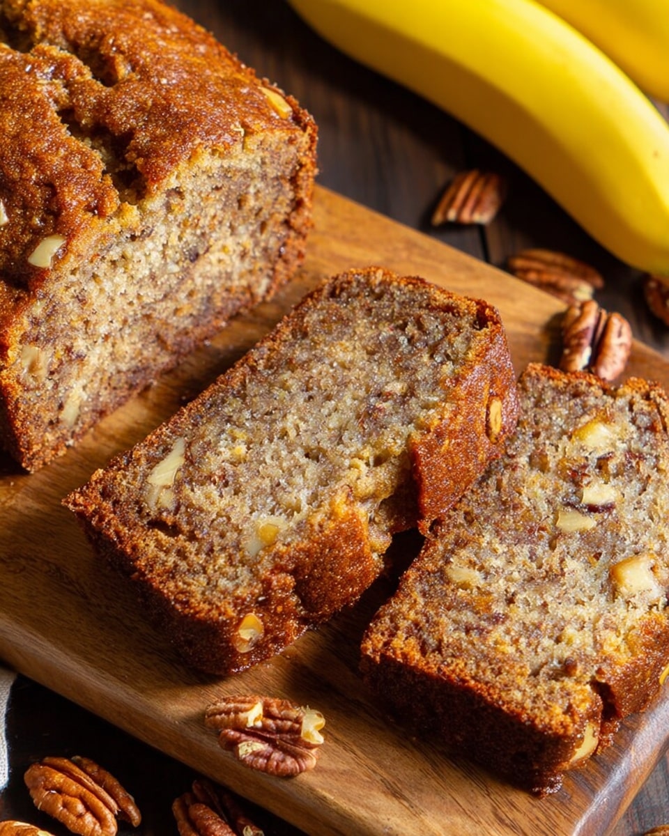 The image shows a loaf of banana nut bread on a wooden cutting board with three thick slices cut and laid flat. Each slice has a moist, dense texture with visible pieces of nuts and banana inside, showing a mix of light and darker brown colors swirled throughout. The crust is golden brown and slightly cracked, adding texture. Around the bread, there are scattered pecan nuts. In the background, two ripe yellow bananas rest partially visible on a dark surface. The photo has warm lighting and is taken close up, emphasizing the bread's texture and nut pieces photo taken with an iphone --ar 4:5 --v 7