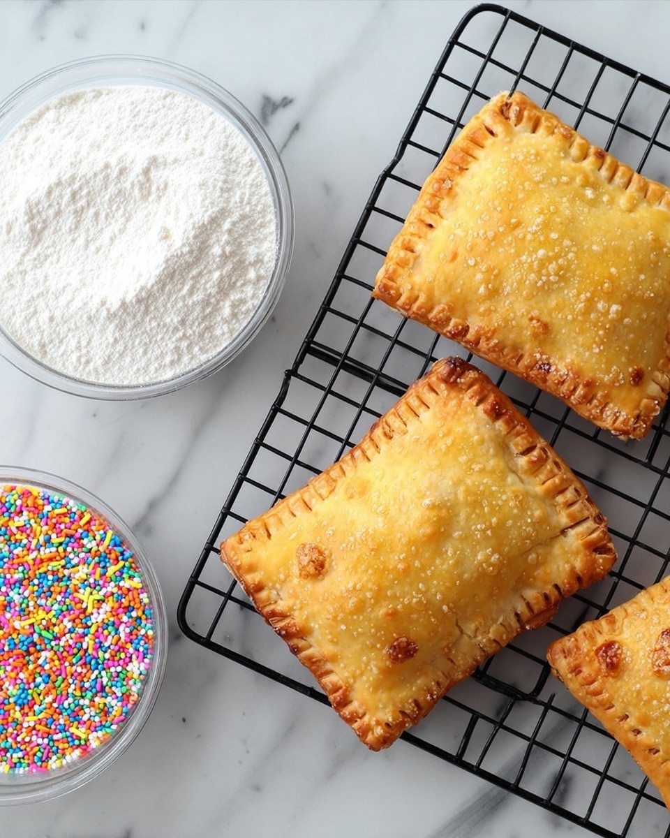 The image shows three golden brown square pastries with slightly crimped edges on a black cooling rack placed on a white marbled surface. Each pastry has a crisp and flaky texture with some uneven spots indicating a homemade look. To the left of the cooling rack, there are two small containers—one filled with white powdered sugar and the other filled with colorful round sprinkles, adding a bright contrast to the neutral tones of the pastries and surface. Photo taken with an iphone --ar 4:5 --v 7