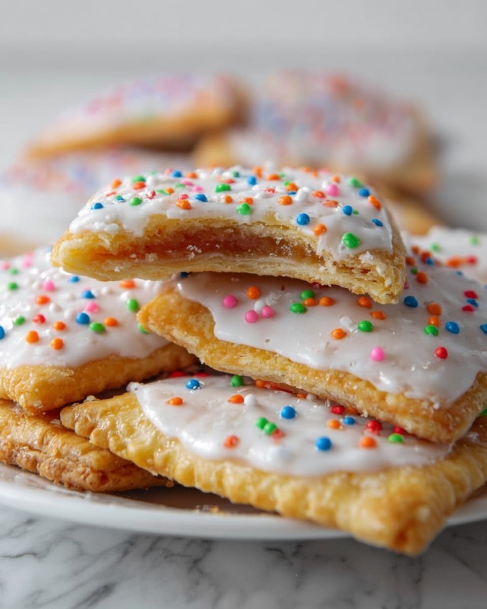The image shows nine rectangular golden-brown pastries arranged on a silver wire cooling rack over a white marbled surface, each topped with a layer of white icing that is slightly uneven and decorated with small, colorful round sprinkles. Scattered around the pastries are five bright red strawberries with green leafy tops, adding a fresh and vibrant contrast. The pastries have a slightly rough texture with crimped edges to seal the filling inside, and the icing is glossy with a smooth, soft appearance. Photo taken with an iphone --ar 4:5 --v 7