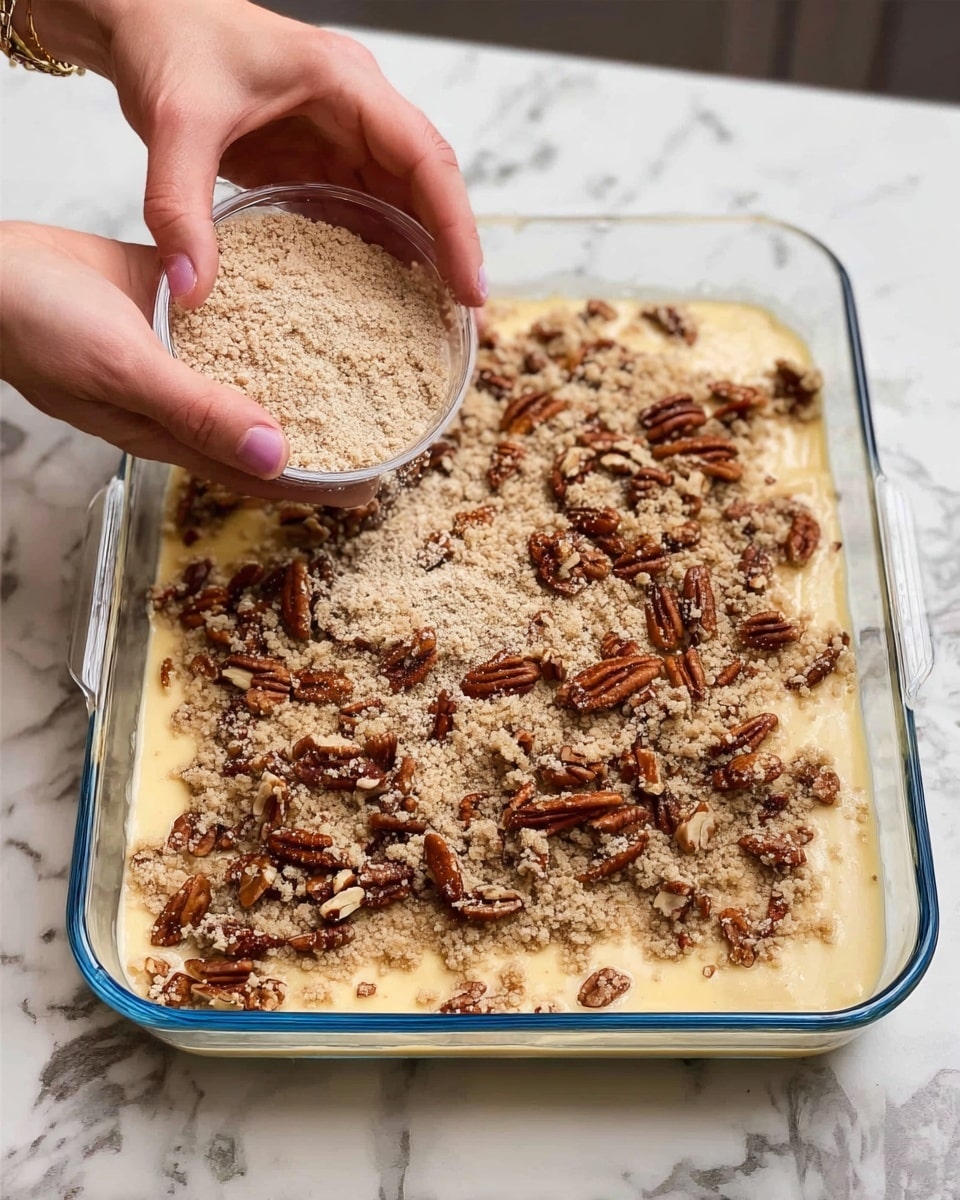 A clear glass baking dish filled with a pale yellow batter as the base layer, topped with roughly chopped brown pecan nuts scattered unevenly across the surface. A woman's hand is sprinkling a crumbly light brown streusel topping over the pecans, adding texture and contrast. The baking dish is placed on a white marbled surface with subtle gray veins. photo taken with an iphone --ar 4:5 --v 7
