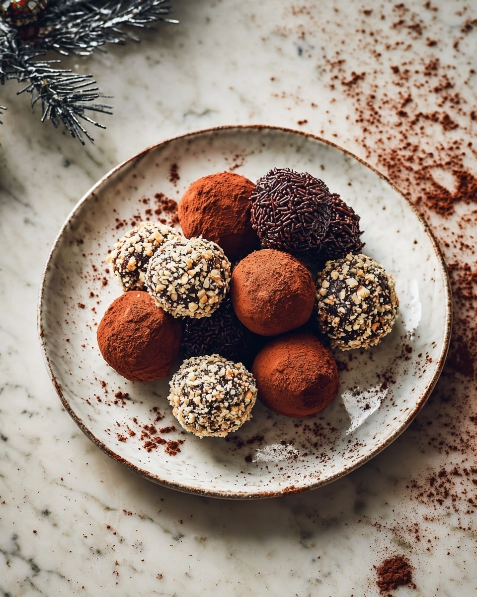 A round white plate holds a pile of small round treats in three different coatings. The first layer includes smooth chocolate balls dusted with rich brown cocoa powder, giving them a velvety texture. The second layer has balls covered in small chocolate sprinkles, looking crunchy and dense. The third layer is made of balls rolled in chopped nuts, giving a mixed texture with white and brown bits unevenly spread. The plate rests on a white marbled surface with a few cocoa powder spots scattered around. Photo taken with an iphone --ar 4:5 --v 7