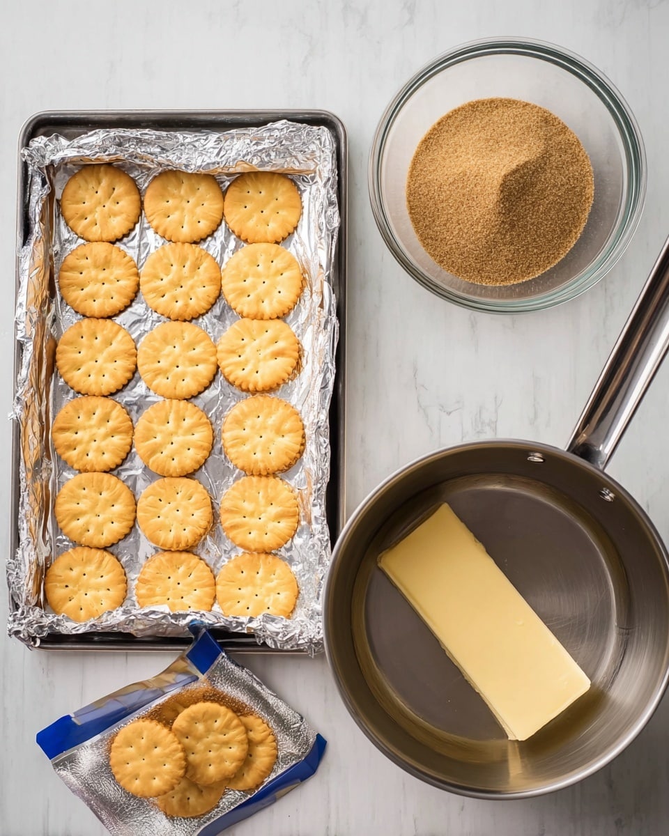 The image shows two parts: on the left, a baking tray lined with foil holds a single layer of round golden crackers arranged neatly in rows. To the left of the tray, there is an open pack of crackers with a few crackers resting on the white marbled surface. On the right side of the image, there is a small clear glass bowl filled with brown sugar, a stick of butter wrapped in paper, and a stainless steel saucepan containing part of the butter. All items are placed on a white marbled surface. Photo taken with an iphone --ar 4:5 --v 7