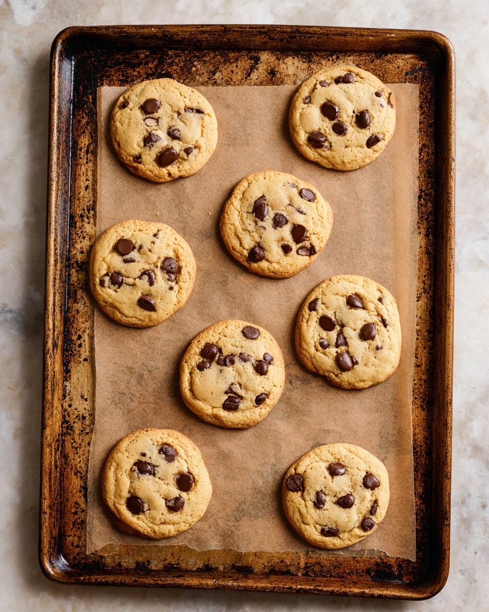 The image shows eight round chocolate chip cookies on a sheet of brown parchment paper, placed on a well-used metal baking tray with dark spots and marks. Each cookie is light golden brown with a slightly cracked surface, scattered with dark chocolate chips evenly on top. The cookies are spaced apart in a loose arrangement across the parchment paper. The tray sits on a white marbled surface. Photo taken with an iphone --ar 4:5 --v 7