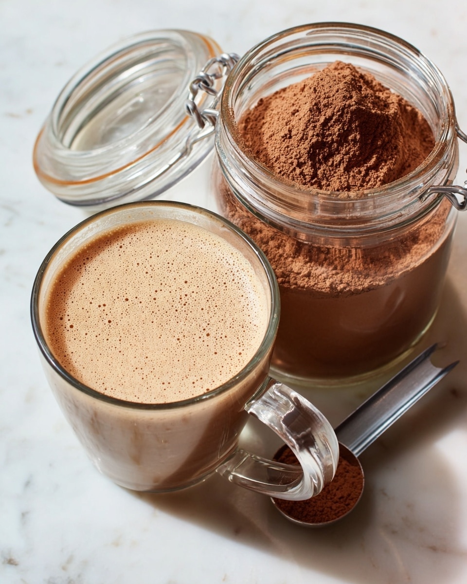 A clear glass cup filled with a creamy light brown hot chocolate beverage topped with fine bubbles sits next to a wide glass jar filled with a mound of chocolate powder inside. A metal measuring spoon rests partially buried in the chocolate powder, and the jar lid is propped open behind it. Both items are placed on a white marbled surface. photo taken with an iphone --ar 4:5 --v 7