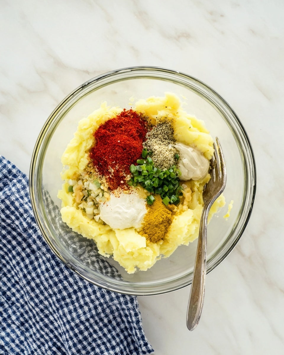 A clear glass bowl sits on a white marbled surface, filled with a base layer of mashed pale yellow potatoes spread evenly around the edges. On top, near the center, are separate piles of finely chopped green onions, bright red paprika powder, creamy white mayonnaise, coarse black pepper, smooth yellow mustard, and some small bits of a light green ingredient. A silver fork rests on the right side of the bowl and a blue and white checkered cloth peeks from the bottom left corner. Photo taken with an iphone --ar 4:5 --v 7