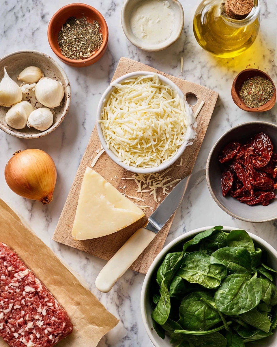 This image shows a collection of fresh ingredients arranged on a white marbled surface. At the center, a small white bowl filled with shredded white cheese sits on a light wooden board, next to a wedge of hard yellow cheese with some shreds scattered around. A silver knife with a white handle rests beside the cheese. To the right, there is a large white bowl filled with leafy green spinach. Nearby, a small gray bowl holds deep red sun-dried tomatoes. On the wooden board, an unpeeled yellow onion and a small round white bowl of mixed dried herbs and spices are placed near a tiny terracotta bowl of coarse salt. Above the board, a small clear bottle of golden oil and a white bowl of creamy white sauce are visible. To the left, a terracotta bowl contains three whole peeled garlic cloves, and next to it, a sheet of marbled ground meat rests partly on parchment paper. photo taken with an iphone --ar 4:5 --v 7