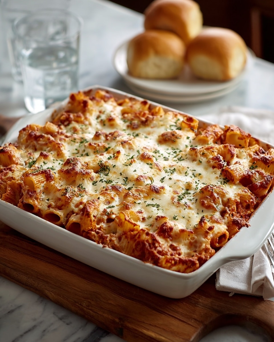 A white ceramic baking dish filled with three layers of baked pasta. The bottom layer shows rigatoni pasta coated in a reddish sauce, the middle layer has a mix of melted white and golden-brown cheese with browned spots, and the top layer is covered with melted cheese sprinkled lightly with green herbs. The pasta edges near the top are slightly crisp and browned. The dish sits on a wooden board with a white marbled surface underneath. In the background, there is a clear glass of water and a white plate holding two golden bread rolls. Photo taken with an iphone --ar 4:5 --v 7