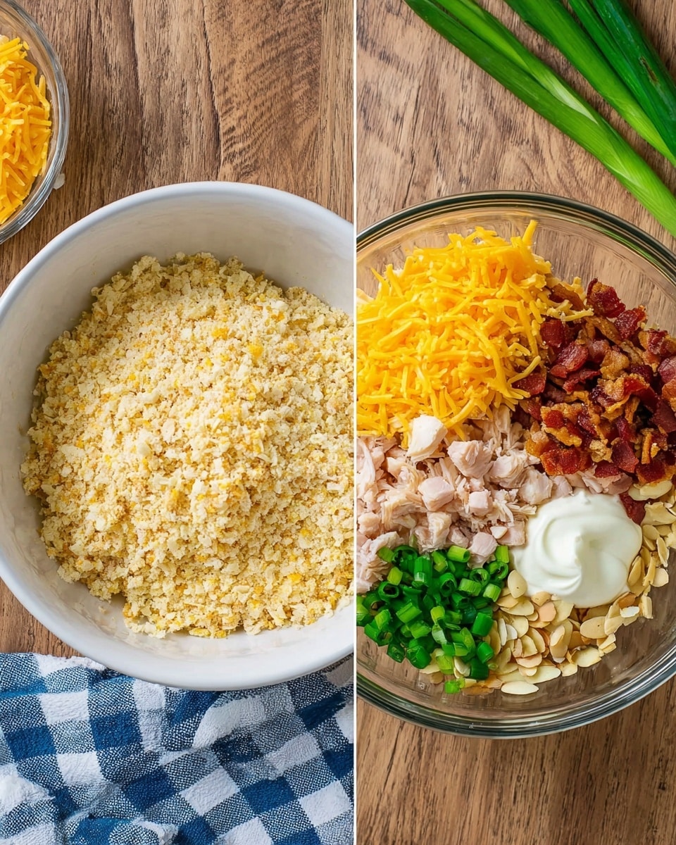 The image shows two bowls side by side on a white marbled surface with a wooden texture pattern and a green onion partially visible at the top right corner. The left bowl is white, filled with finely crushed crackers that have a pale yellow color with some lighter and slightly darker bits sprinkled throughout. The right bowl is clear glass, containing several layers of ingredients arranged in separate piles: small chunks of light pink cooked chicken, medium brown crispy bacon pieces, bright green chopped green onions, bright yellow shredded cheddar cheese, creamy white dollop of sour cream, pale yellow mustard or mayonnaise, and pale beige slivered almonds. A blue and white checkered cloth is partially visible underneath the right bowl. Photo taken with an iphone --ar 4:5 --v 7