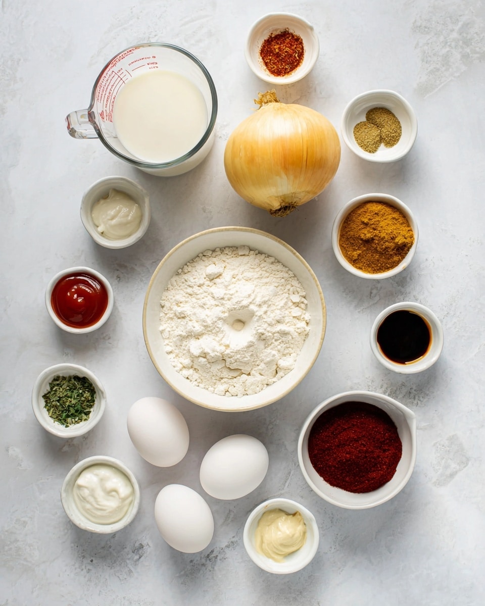 A flat lay image of various cooking ingredients arranged neatly on a white marbled surface. In the center, there is a whole light yellow onion. Below the onion, a white bowl filled with white flour with a small dip in the middle, and next to it two white eggs. To the right of the onion, a small white bowl with dark red powder and two smaller white bowls containing green herbs and reddish-brown spice arranged vertically. Above the bowls, there is a clear measuring cup filled with white milk. To the left of the onion are small white bowls and wooden bowls with various ingredients including black soy sauce, white mayonnaise, crushed garlic, ketchup, sour cream, and different spices in small white dishes forming a curved line. The whole setting looks clean and organized. Photo taken with an iphone --ar 4:5 --v 7