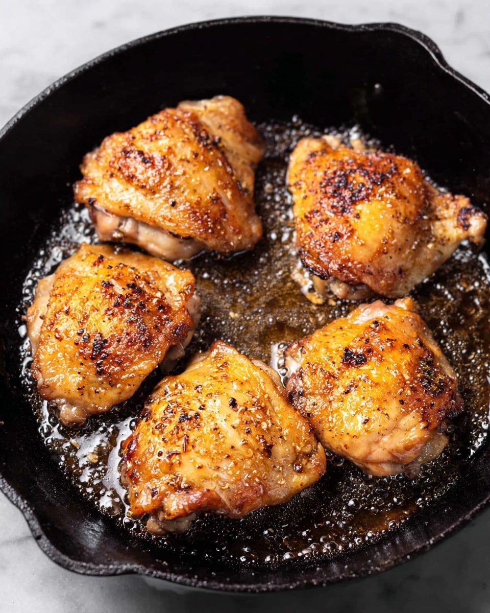 A cast iron pan with four pieces of golden-brown chicken thighs cooking in sizzling oil, each piece showing crispy skin with small charred spots, arranged in a slightly uneven cluster with some bubbling oil around them, all set against a white marbled texture background photo taken with an iphone --ar 4:5 --v 7
