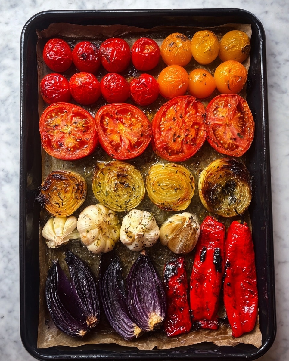 A black baking tray lined with browned parchment holds five groups of roasted vegetables arranged in neat rows: on the top left, small bright red cherry tomatoes with a shiny, wrinkled texture; next to them, small orange-yellow cherry tomatoes with slightly charred skins; below the tomatoes, four large, round halved tomatoes showing soft, juicy interiors speckled with black seasoning; below the large tomatoes, alternating halves of golden-brown roasted onions and deep purple roasted onions with visible grill marks; on the bottom left, two garlic bulbs roasted golden brown at the cut tops, showing individual cloves; and on the bottom right, three long roasted red peppers, two with charred black skin spots and one smoother and bright red. The tray sits on a white marbled surface photo taken with an iphone --ar 4:5 --v 7