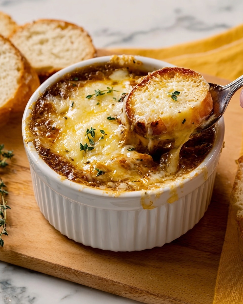 A white ceramic ramekin filled with a rich brown onion soup topped with a thick layer of melted golden cheese that is bubbly and slightly browned around the edges. The cheese layer covers a slice of toasted bread that peeks through beneath the cheese with a rough texture. Small green herb leaves are scattered on top of the cheese. A spoon is inserted into the soup, lifting some of the cheesy bread, held by a woman's hand. The ramekin sits on a wooden board beside slices of light-colored bread, all placed on a white marbled surface. Photo taken with an iphone --ar 4:5 --v 7