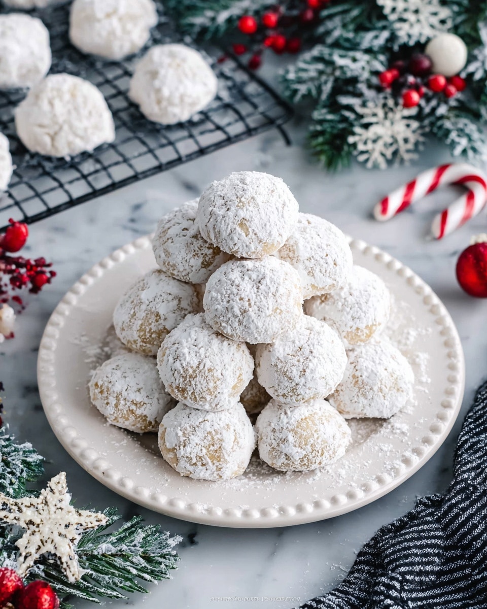 A white plate holds a pyramid stack of about fifteen round cookies covered fully in white powdered sugar. Each cookie is light tan under the sugar dusting and has a rough, crumbly texture. The white plate has a beaded rim and sits against a white marbled textured surface. Around the plate are festive decorations including frosted green pine branches with white berries and red-and-white striped candy canes. A cooling rack in the top left corner has several more powdered sugar cookies, and there is a black-and-white striped cloth in the bottom right corner. Photo taken with an iphone --ar 4:5 --v 7
