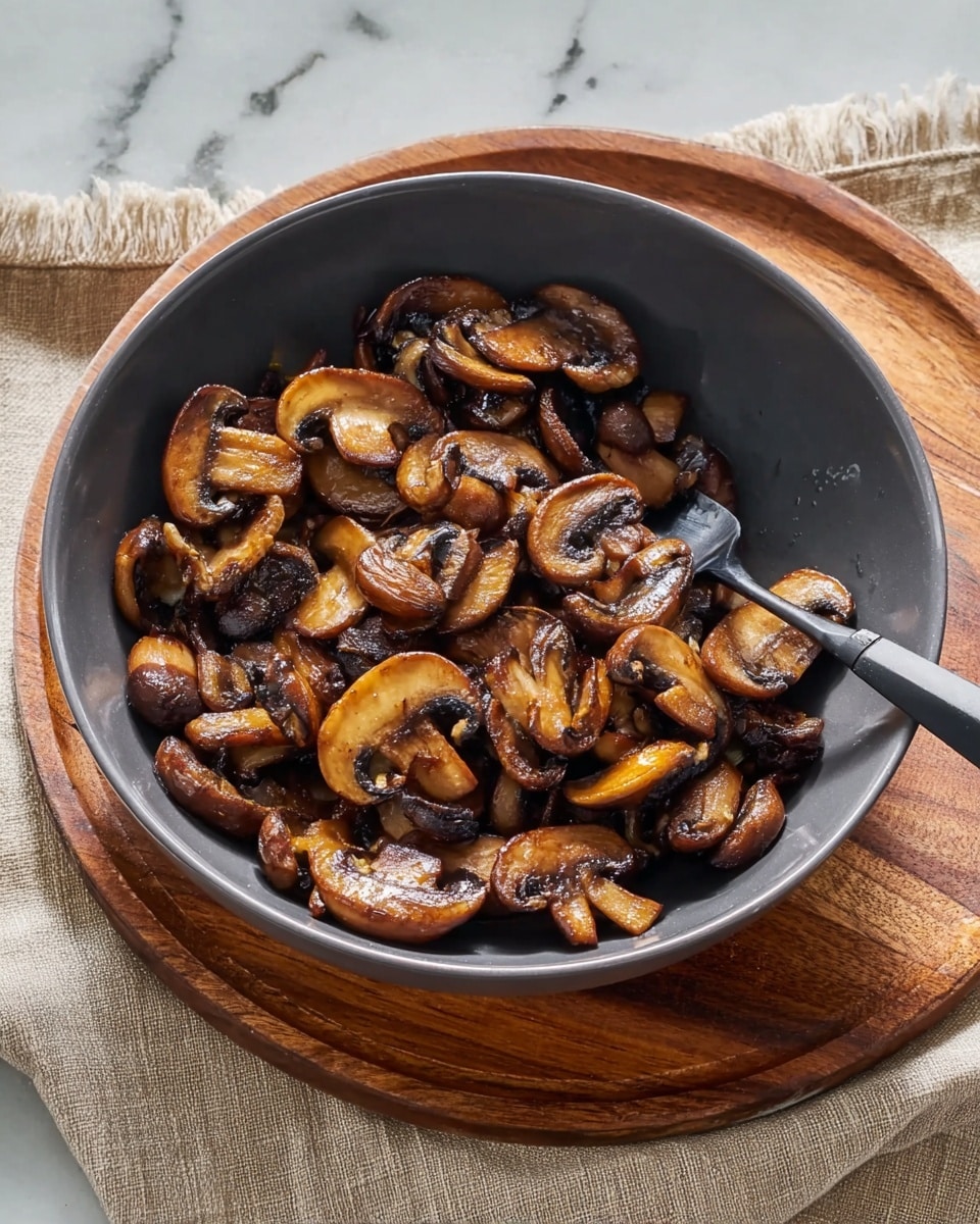 A dark gray bowl filled with cooked sliced mushrooms that are brown and slightly shiny from cooking, showing different shades of golden and dark brown on each piece. The bowl sits on a round wooden board placed on a white marbled surface with a light beige cloth nearby. A spoon with a long black handle rests inside the bowl among the mushrooms. The mushrooms look soft and slightly textured with a mix of flat and rounded shapes, filling the bowl evenly. Photo taken with an iphone --ar 4:5 --v 7