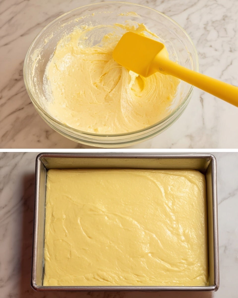 The image shows two parts: on the left, a clear glass bowl filled with smooth, creamy light yellow batter with a yellow spatula resting inside, the texture looks soft and thick, all placed on a white marbled surface; on the right, a silver baking pan filled with the same pale yellow batter spread evenly in a flat, smooth single layer, also on a white marbled surface. photo taken with an iphone --ar 4:5 --v 7