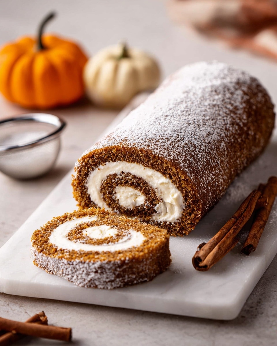 A soft rolled cake rests on a white marble surface, dusted lightly with powdered sugar, showing two visible layers: a brown spiced cake layer wrapped around a creamy white filling that spirals through the roll. One slice is placed in front, displaying the swirl pattern clearly. Nearby, two cinnamon sticks and a small pumpkin add warm, autumn feelings. A sieve filled with powdered sugar lies softly blurred in the background. Photo taken with an iphone --ar 4:5 --v 7