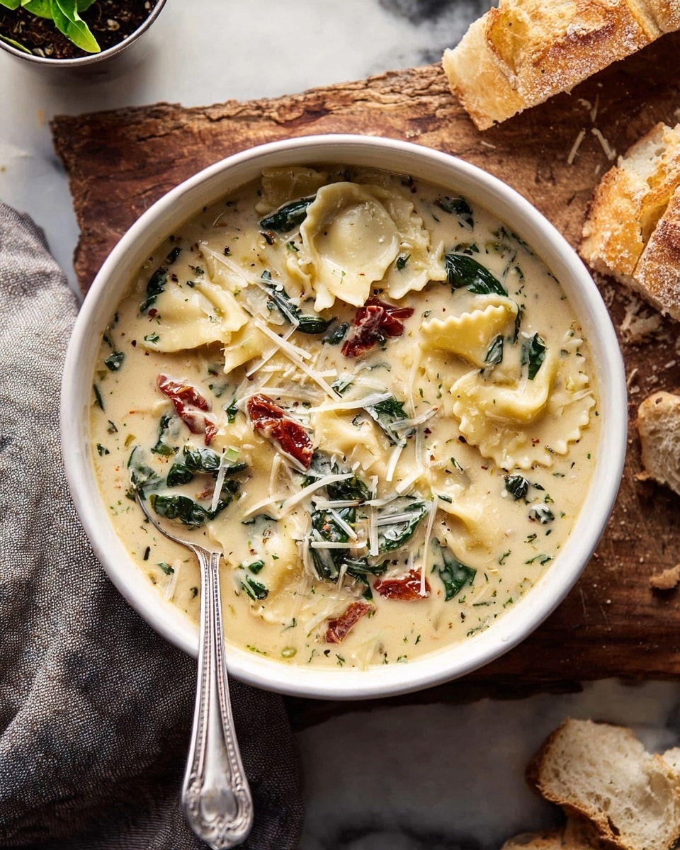 A white bowl holds creamy soup filled with wavy-edged pasta sheets, green spinach leaves, and pieces of sun-dried tomatoes. The soup has a smooth, light beige color with small herb flecks throughout. On top, there are thin, white cheese shavings layered evenly. A silver spoon rests inside the bowl, and the bowl sits on a piece of rustic wood with torn pieces of bread nearby. A small pot with green leaves is also partially visible. The whole scene is set on a white marbled surface with a gray cloth napkin nearby. photo taken with an iphone --ar 4:5 --v 7