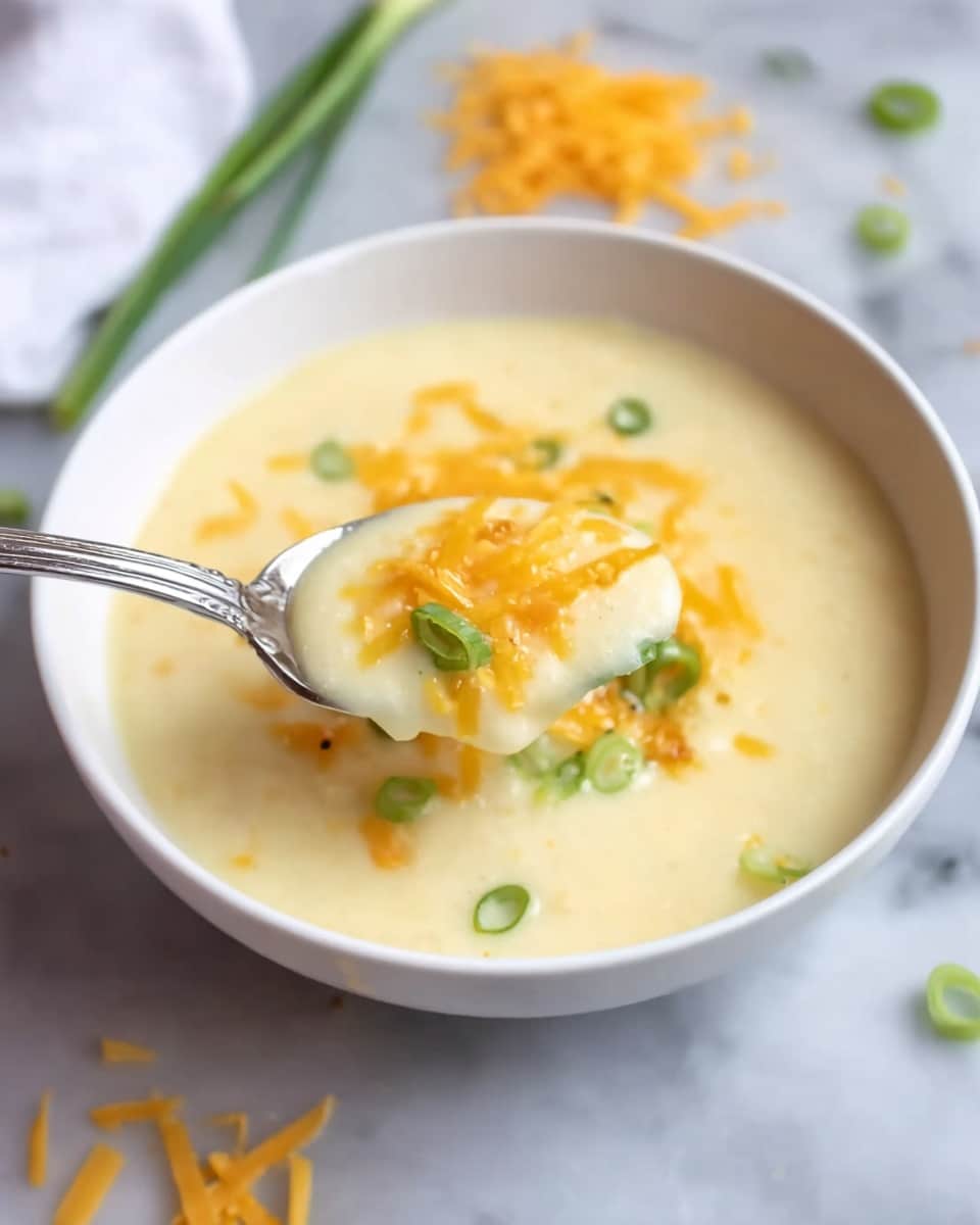 A white bowl filled with a creamy, pale yellow soup topped with thin, shredded orange cheese and small pieces of green onion scattered on top. A silver spoon is lifting a scoop of the soup, showing its smooth and thick texture with some cheese and green onion on it. The bowl is placed on a white marbled surface with a few pieces of shredded cheese and green onion rings around it. Photo taken with an iphone --ar 4:5 --v 7