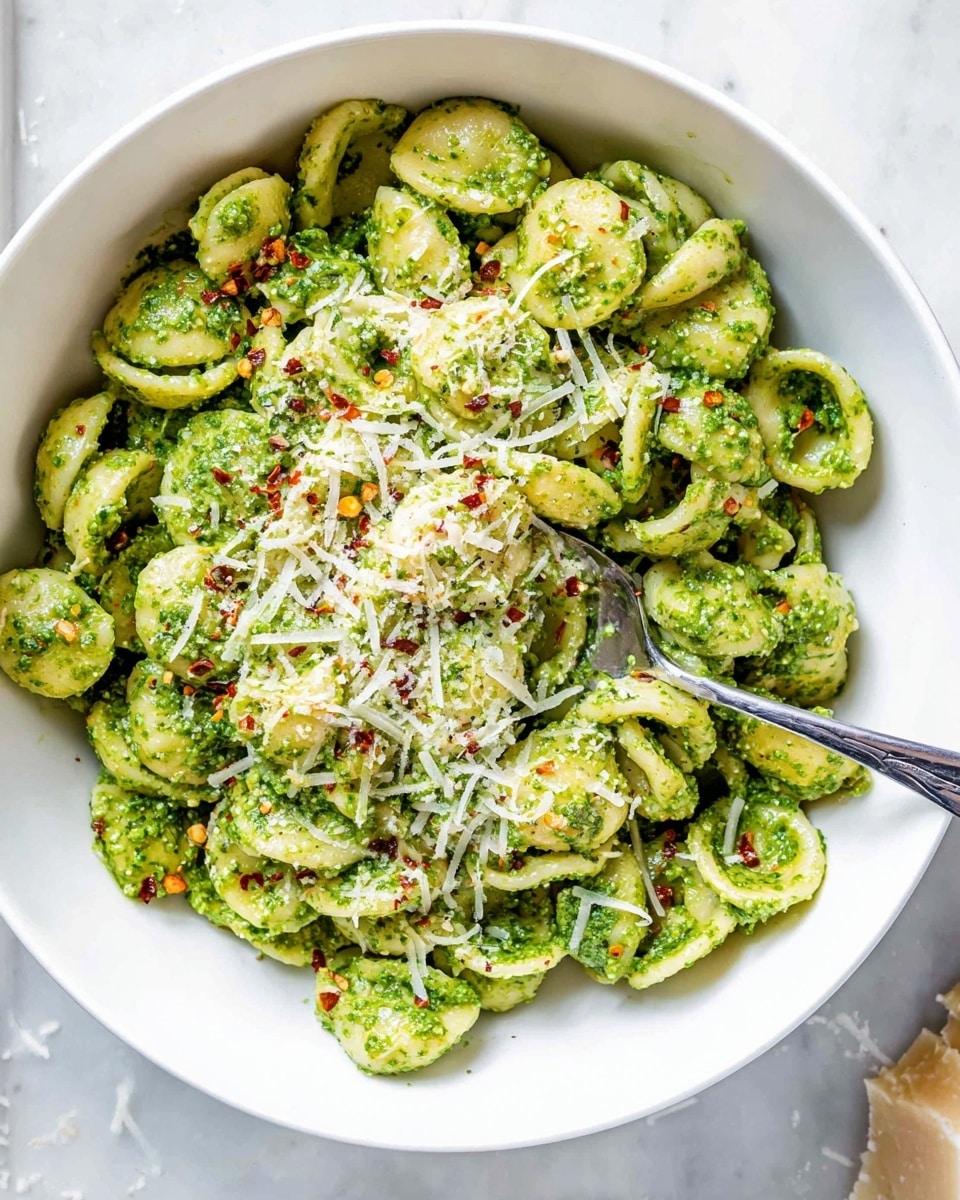 A white bowl filled with many small round pasta pieces covered in bright green pesto sauce, giving a textured and slightly chunky look. On top of the pasta, there is a light layer of finely grated pale yellow cheese with small red chili flakes scattered over. A silver spoon is scooping some pasta from the right side of the bowl. The bowl is placed on a white marbled surface with a few tiny cheese crumbs around. photo taken with an iphone --ar 4:5 --v 7