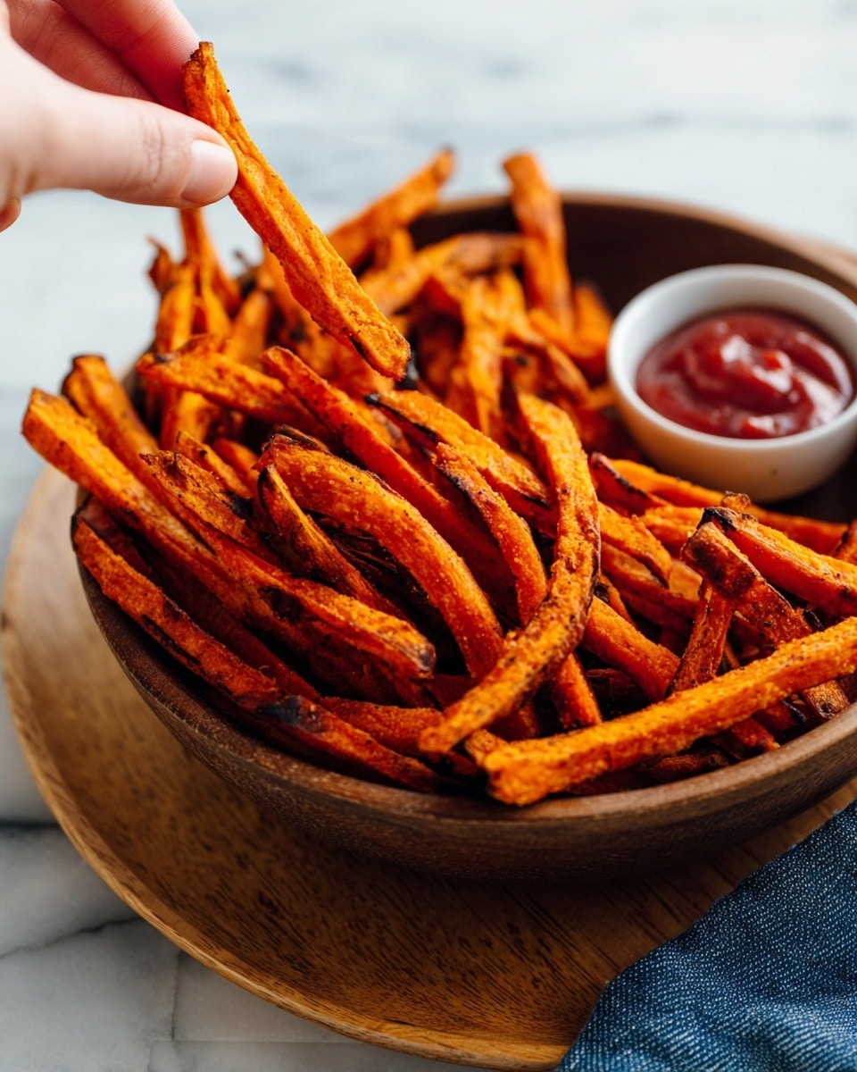 A wooden bowl filled with many long, thin orange sweet potato fries with some dark roasted edges and light seasoning. The bowl sits on a wooden plate, and to the back left, a woman's hand is dipping a fry into a small white bowl of ketchup. The background is a white marbled surface with a blue and white cloth visible at the bottom right corner. Photo taken with an iphone --ar 4:5 --v 7