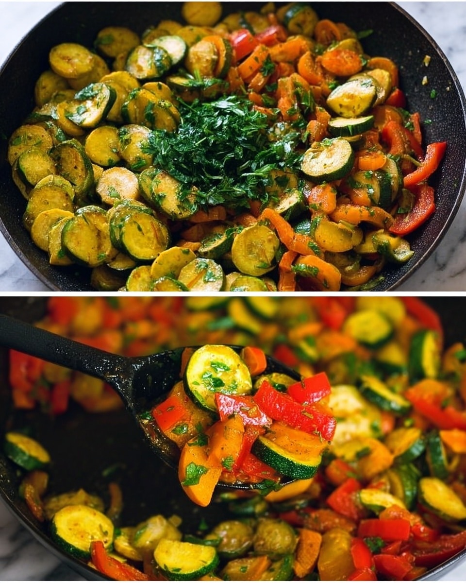The image shows a black pan filled with cooked vegetables placed on a white marbled surface. The vegetables include sliced yellow squash, green zucchini, bright orange carrots, and chopped red bell peppers. They are cooked to a soft texture with a light golden brown color on many pieces, showing some light charring. In the center of the pan is a small pile of chopped fresh green herbs, likely parsley, adding a fresh contrast in the middle. In the second close-up image, a black cooking spoon is lifting a portion of the mixed vegetables, showing the colorful layers of soft yet slightly firm vegetables glistening with a light coating of oil and seasoning. The background continues with the white marbled surface. photo taken with an iphone --ar 4:5 --v 7