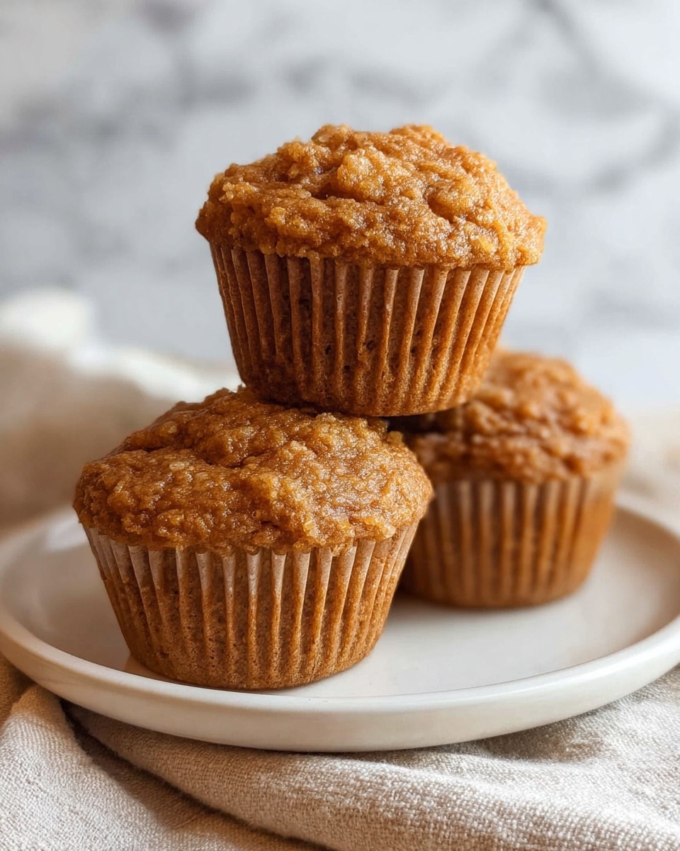 The image shows a close-up of three soft muffins stacked on a white plate with a beige cloth underneath. The muffins have a warm brown color and a textured, moist top with visible small lumps and a slightly uneven surface. The background features a white marbled texture, giving a clean and bright look to the scene. The muffins are arranged with two on the bottom and one sitting centered on top. photo taken with an iphone --ar 4:5 --v 7