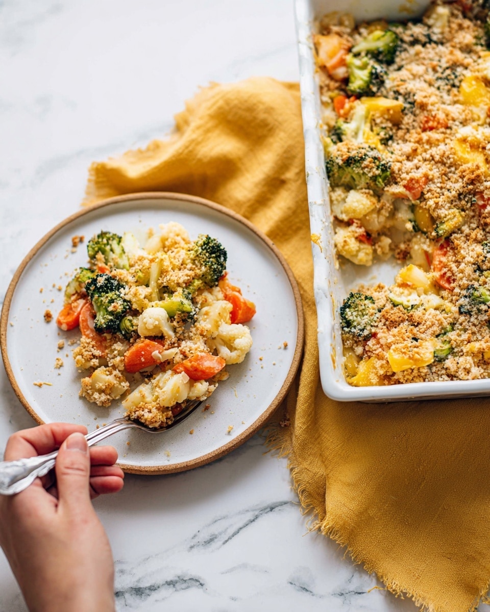 A white plate on the left side holds a serving of a baked vegetable casserole with visible layers including orange carrot slices, green broccoli florets, small white cauliflower pieces, and melted yellow cheese mixed with a crunchy light brown crumb topping. A woman's hand is holding a fork picking up a bite from the plate. On the right side, a white baking dish shows the rest of the casserole with the same colorful vegetables, melted cheese, and crumb layer on top. The dish rests on a yellow cloth over a white marbled surface. Photo taken with an iphone --ar 4:5 --v 7