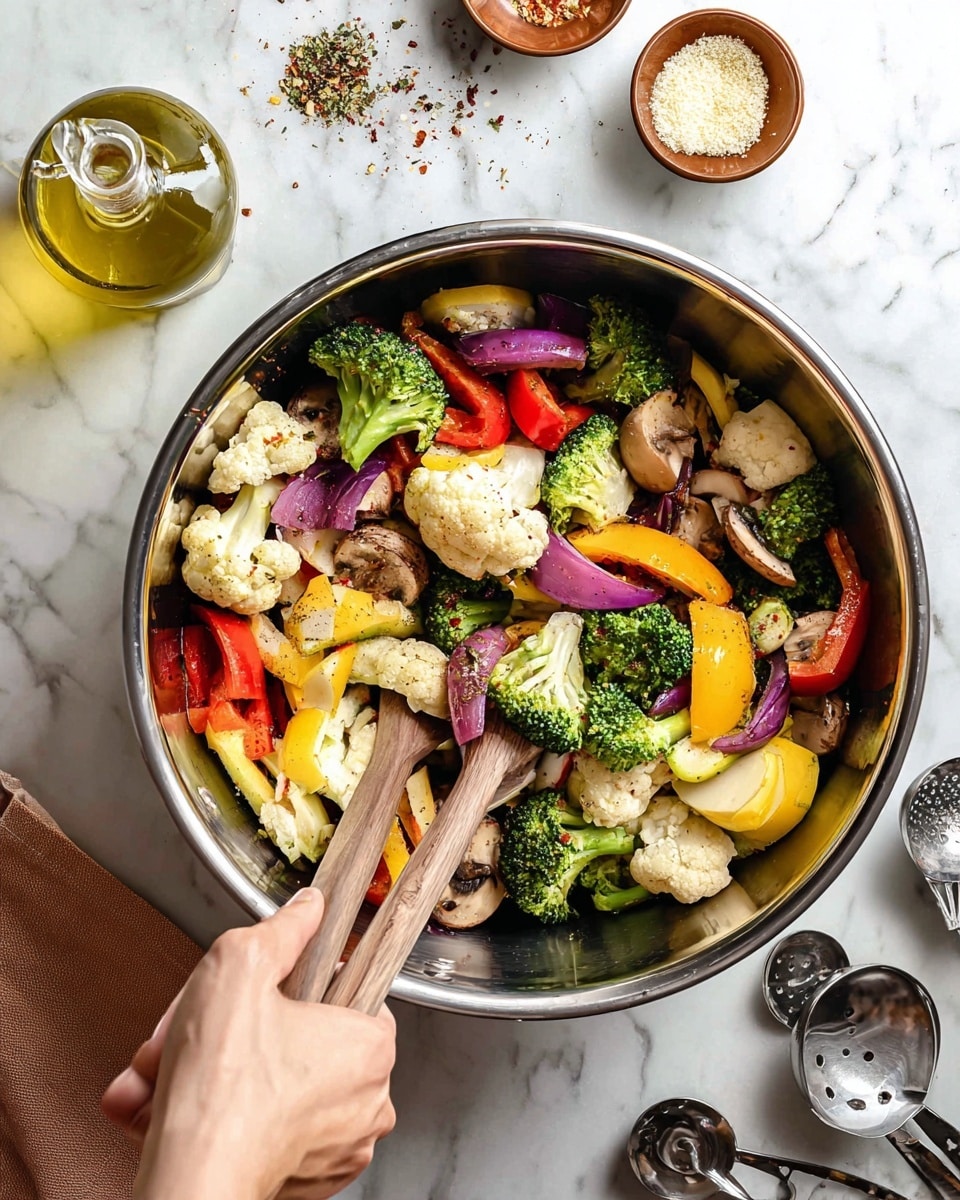 A large silver mixing bowl filled with many colorful vegetables including green broccoli florets, white cauliflower pieces, light yellow squash slices, red bell pepper strips, purple onion chunks, and brown mushrooms. Two wooden-handled utensils are inside the bowl being held by a woman's hand, stirring the vegetables. The bowl sits on a white marbled surface with small bowls of ground garlic, parmesan cheese, and spices nearby, along with a glass bottle of oil and metal measuring spoons scattered around. photo taken with an iphone --ar 4:5 --v 7