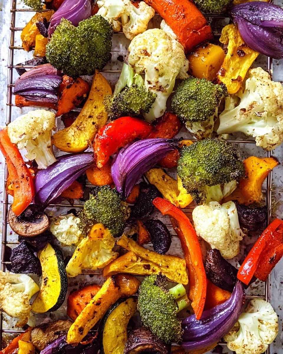 A single layer of mixed roasted vegetables scattered on a wire rack shows bright green broccoli florets, white cauliflower pieces with slight browning edges, deep purple onion wedges, orange carrot slices, red bell pepper chunks, yellow squash strips, and dark brown mushrooms, all with a cooked, slightly charred texture. The background is a white marbled surface. photo taken with an iphone --ar 4:5 --v 7