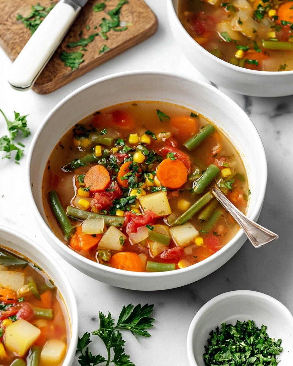 A white bowl filled with clear vegetable soup showing three main layers: the top layer is liquid broth with small chopped green herbs sprinkled on top; the middle layer consists of bright orange carrot slices, green beans, red tomato chunks, and yellow corn; the bottom layer is made up of light cream-colored potato cubes and pieces of celery. A metal spoon rests inside the bowl on the right side. In the background, there is a small white bowl of chopped green herbs and another white bowl of the same soup, all set on a white marbled surface with some green parsley leaves and a knife with a white handle partially visible on a wooden board. photo taken with an iphone --ar 4:5 --v 7