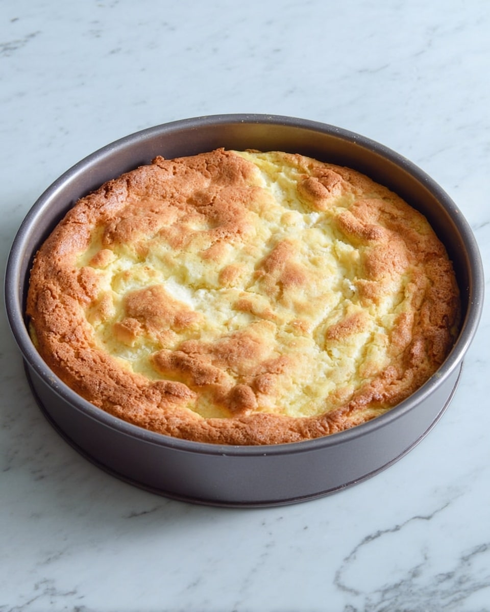 A round baked dish in a gray baking pan, with one visible layer showing a golden-brown, slightly uneven top crust that is lightly cracked and textured. The crust has touches of lighter yellow where the soft filling peeks through underneath. The pan sits on a white marbled surface. photo taken with an iphone --ar 4:5 --v 7